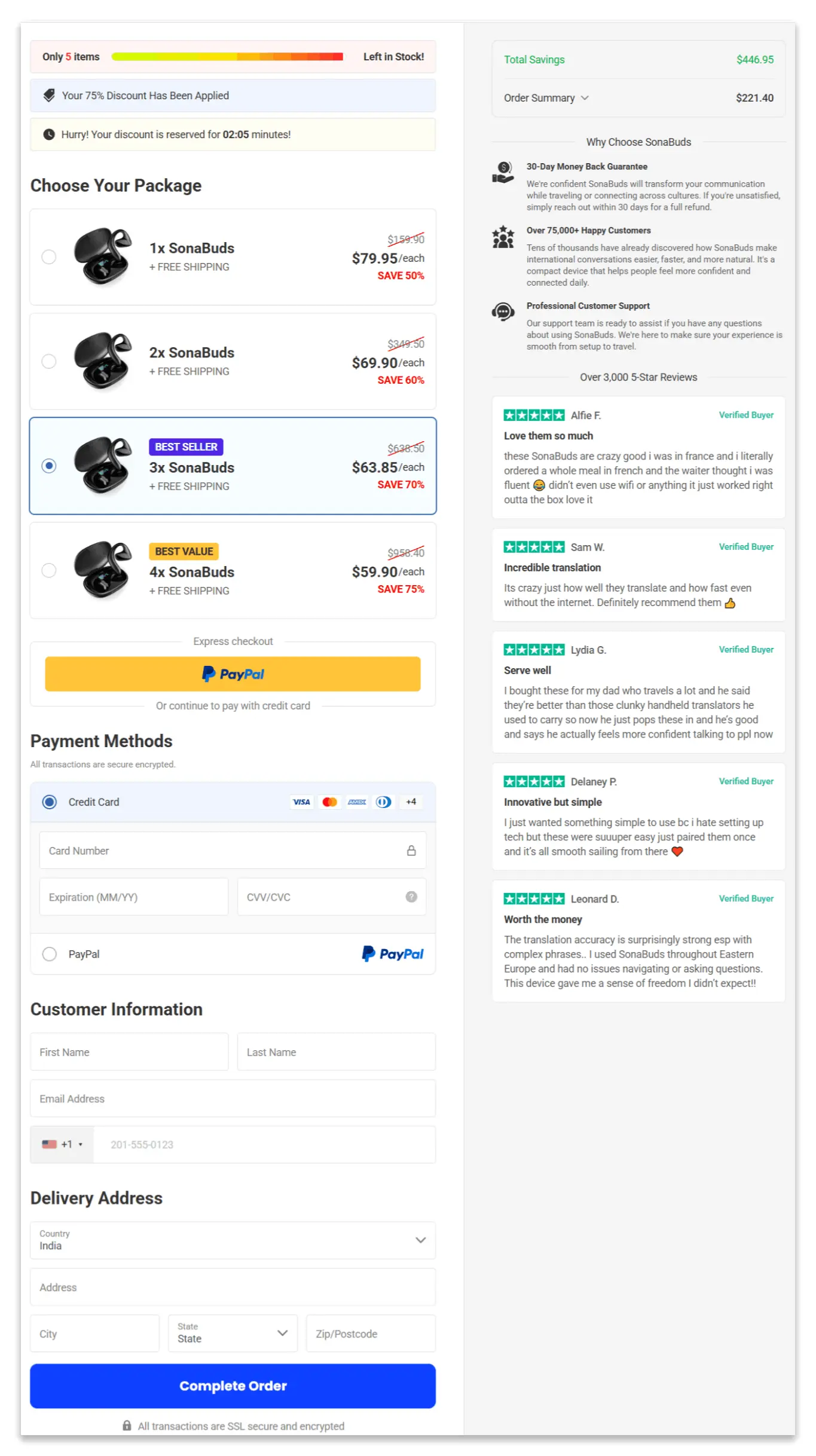 SonaBuds Translating Earbuds secure checkout page